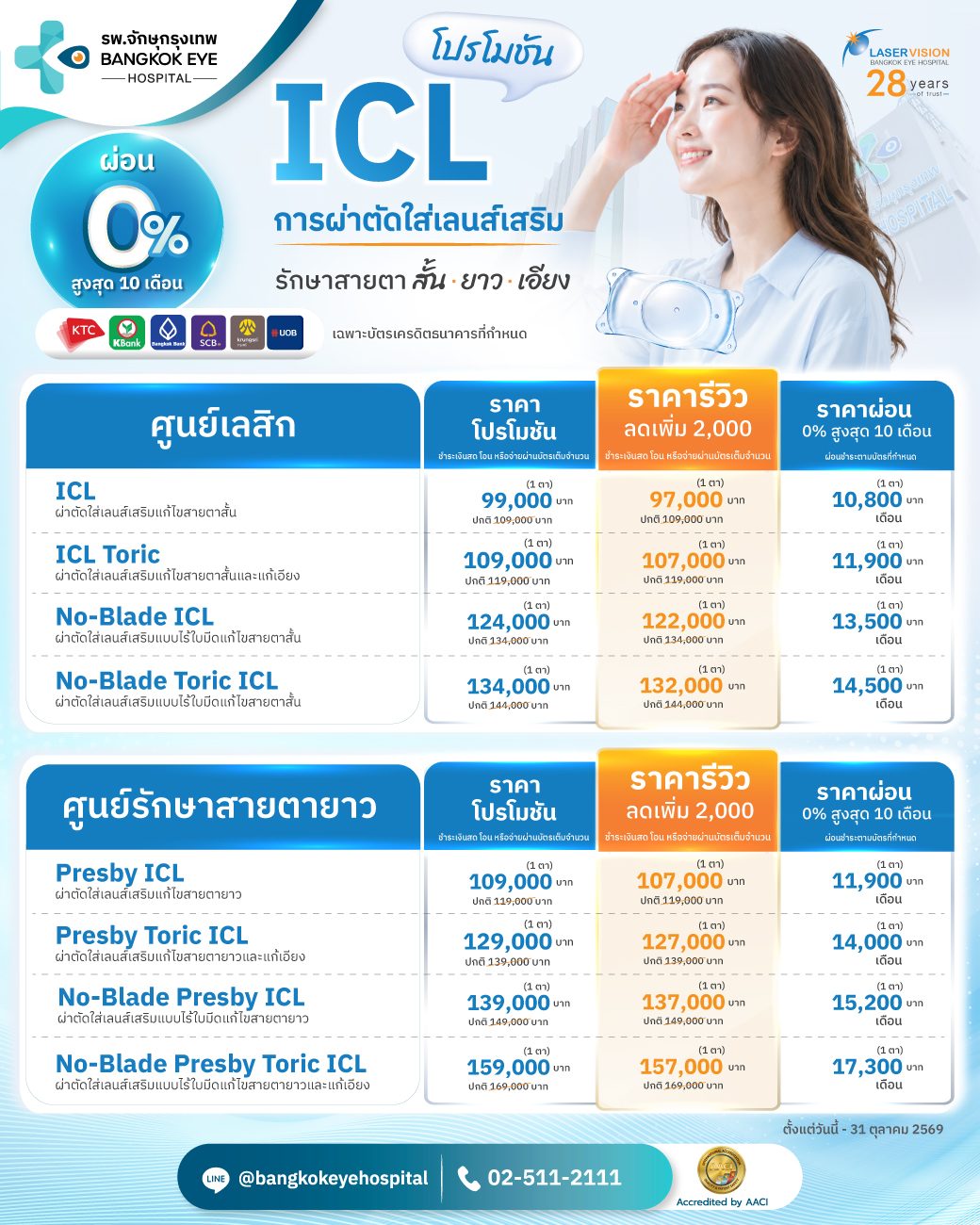 ตารางราคาโปรโมชั่น ICL และ Presby ICL โรงพยาบาลจักษุกรุงเทพ
