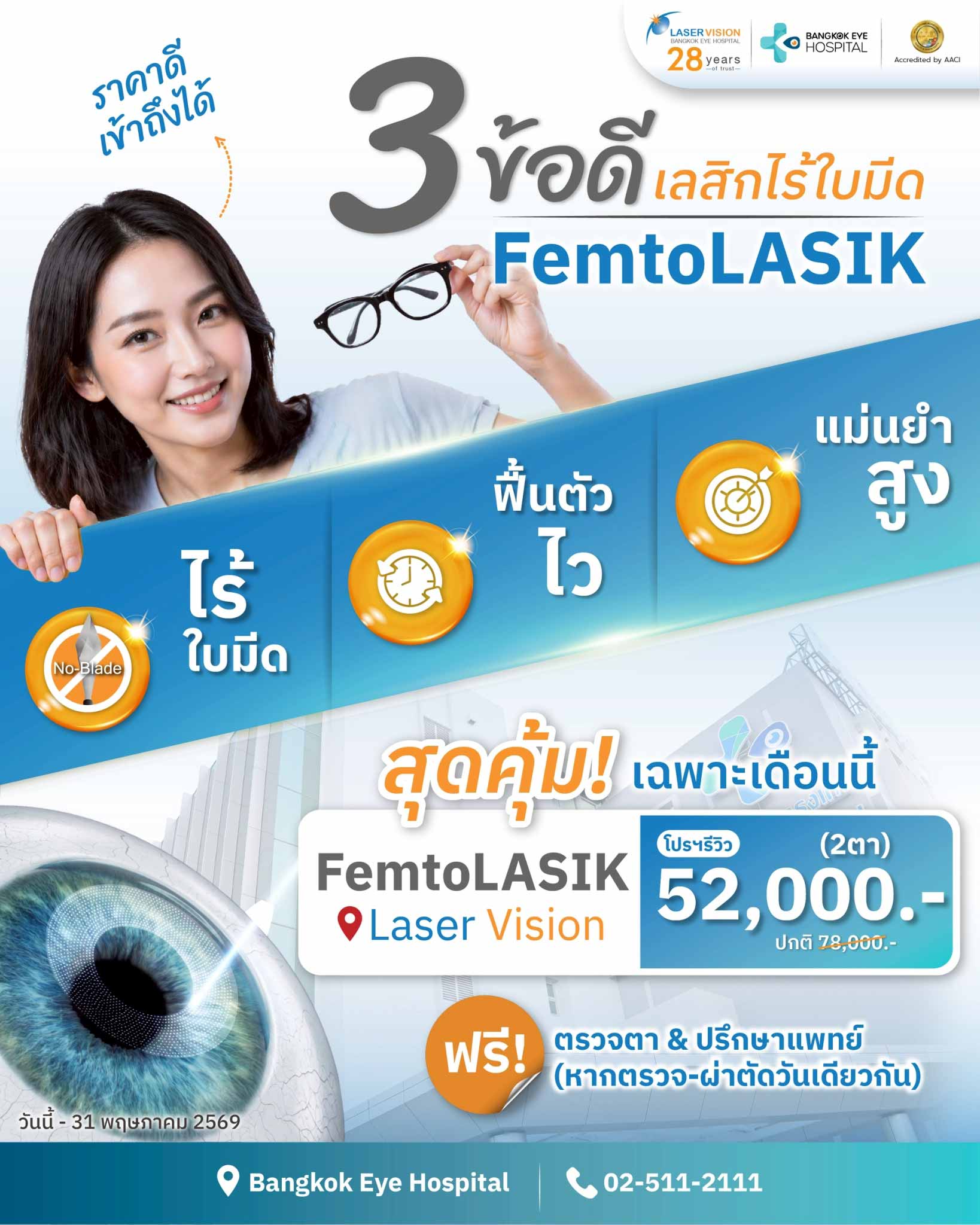 โปรโมชัน Femto LASIK เลสิกไร้ใบมีด โรงพยาบาลจักษุกรุงเทพ